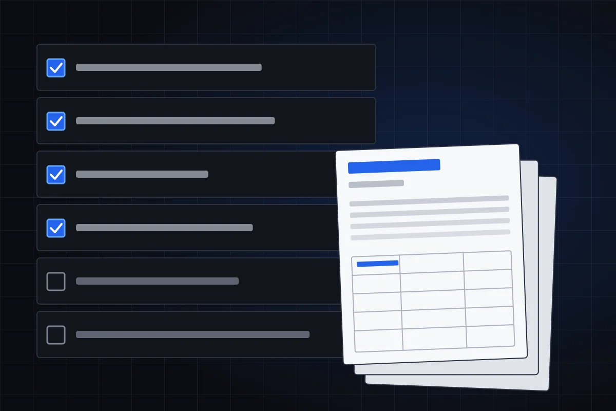 Illustration of a checklist with completed items beside a stack of report pages