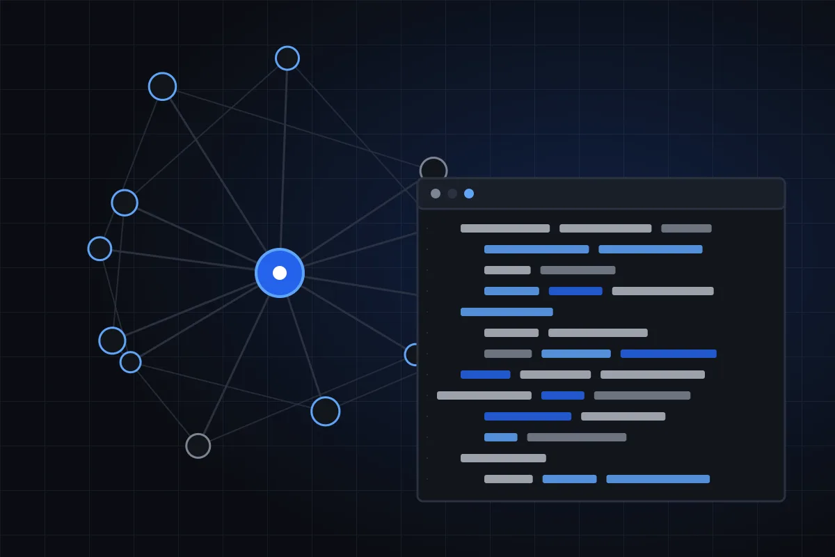 Illustration of a network of connected nodes beside a code window in brand blue
