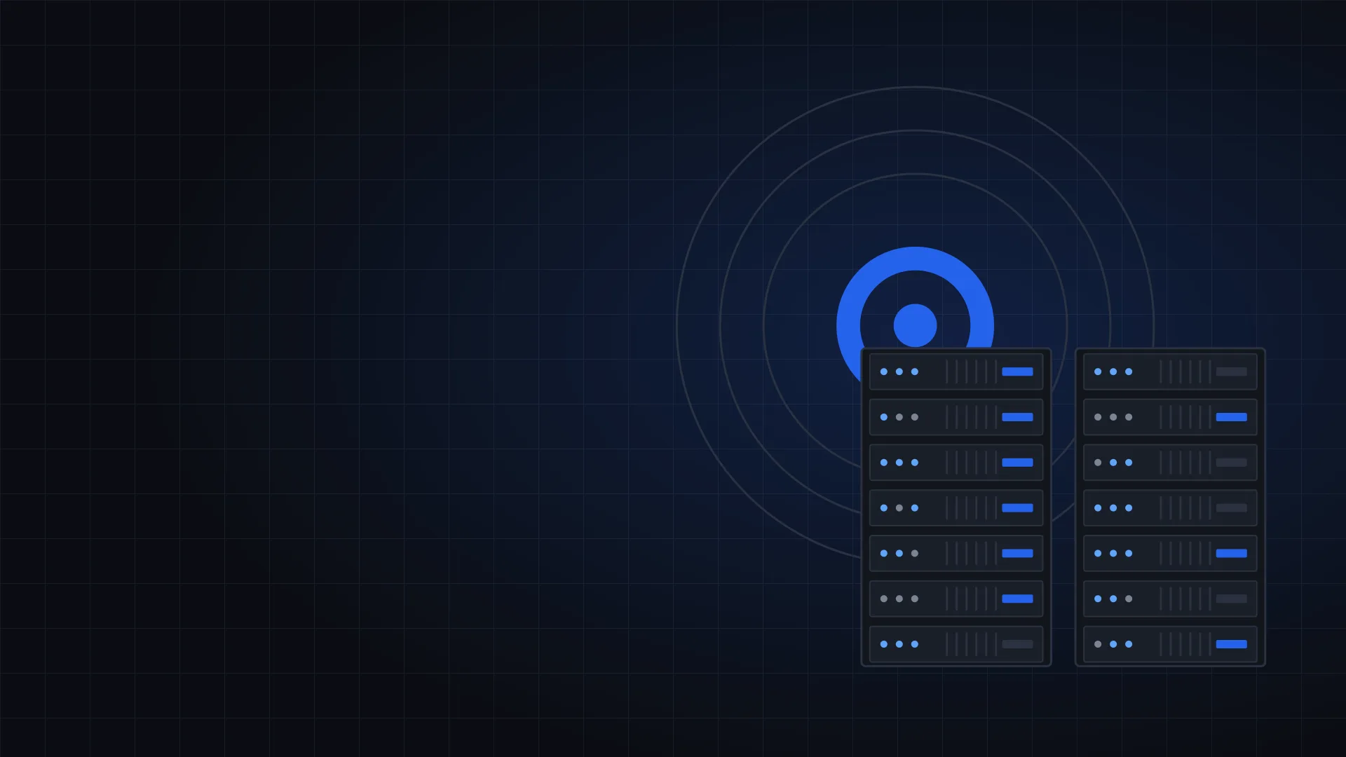 Illustration of concentric rings in front of server racks on a dark grid