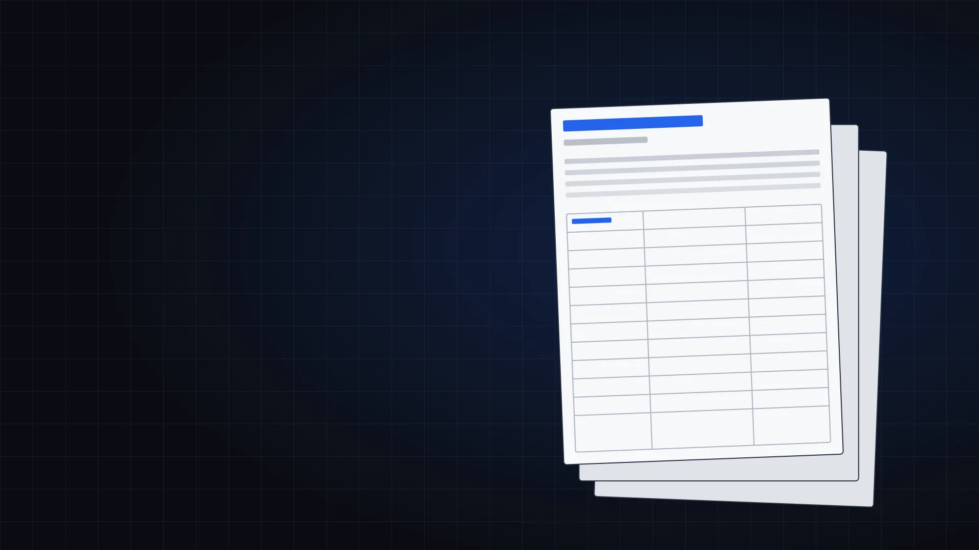 Illustration of stacked report pages with a header bar and a findings table