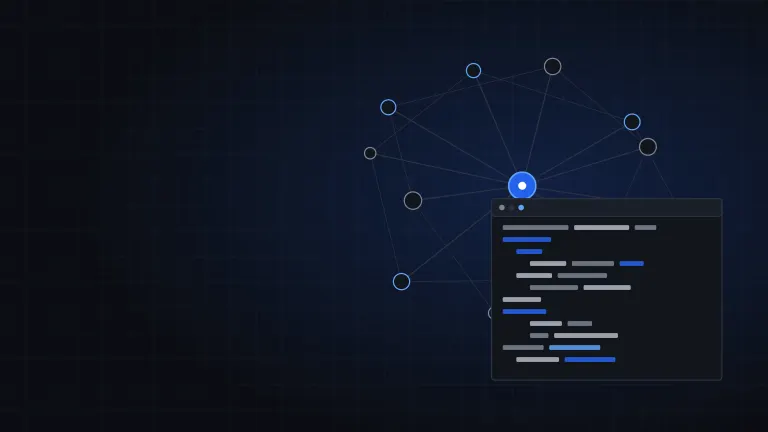 Illustration of a connected network of nodes beside a code window in brand blue
