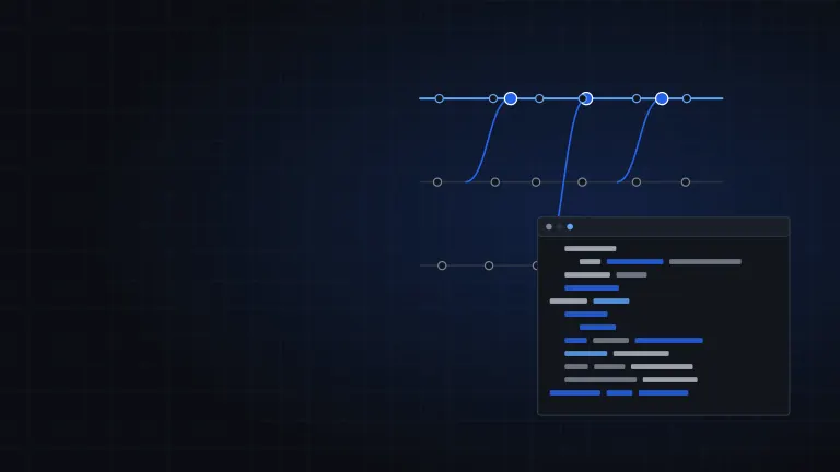 Illustration of branching commits merging into a main line next to a code window