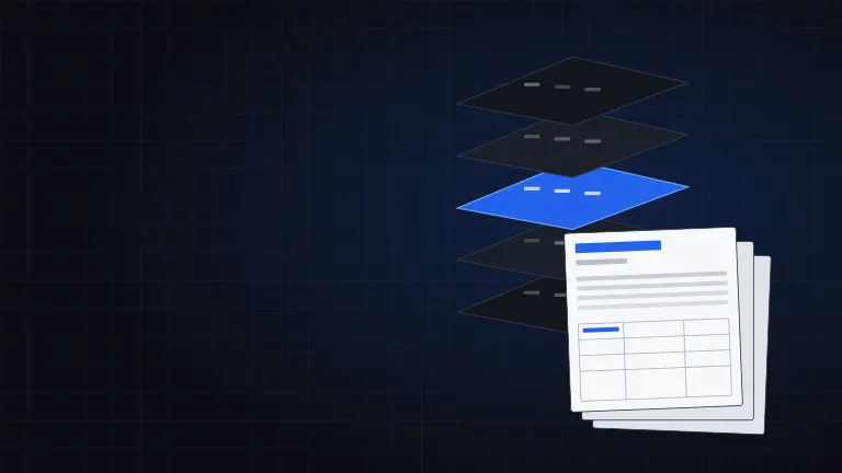 Illustration of stacked technology layers beside a report page in brand blue