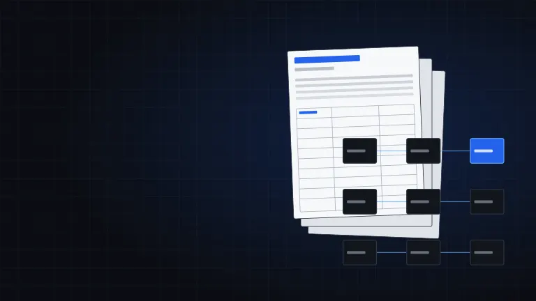 Illustration of a stacked report and a system flow diagram in brand blue